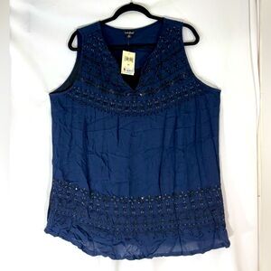 Lucky Brand Women’s 2X Navy Blue Sleeveless Embroidered Beaded Top Blouse NWT